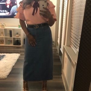 High Waist Long Denim Skirt with High Split